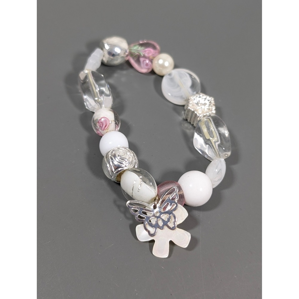 Butterfly Charm Beaded‎ Bracelet Rose Art Glass Acrylic Floral Boho 7.5"